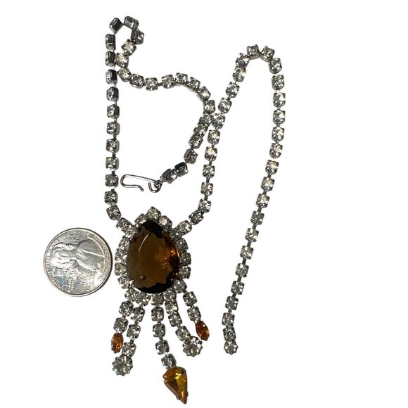Vtg Rhinestone Bib Necklace Amber Glass Centerpiece Dangling Drops 16" Statement - Picture 3 of 6